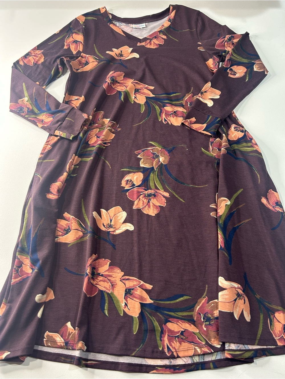 LuLaRoe Medium Long Sleeve A-Line Dress - Plum with Peach Floral